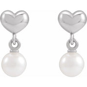 Sterling Silver Cultured White Freshwater Pearl & Heart Dangle Earrings