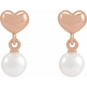 14K Rose Cultured White Freshwater Pearl & Heart Dangle Earrings