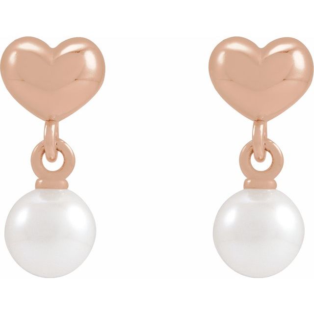 14K Rose Cultured White Freshwater Pearl & Heart Dangle Earrings