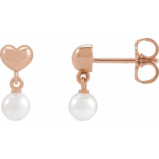 14K Rose Cultured White Freshwater Pearl & Heart Dangle Earrings
