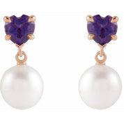 14K Rose Cultured White Akoya Pearl & Natural Amethyst Earrings