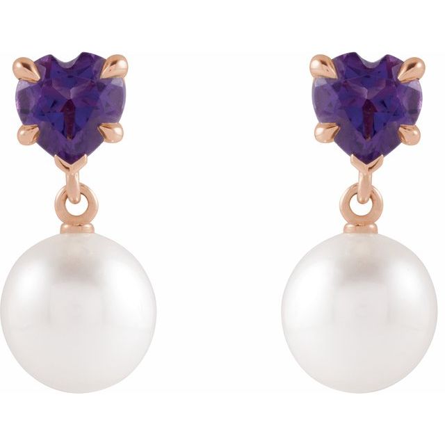 14K Rose Cultured White Akoya Pearl & Natural Amethyst Earrings