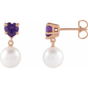 14K Rose Cultured White Akoya Pearl & Natural Amethyst Earrings