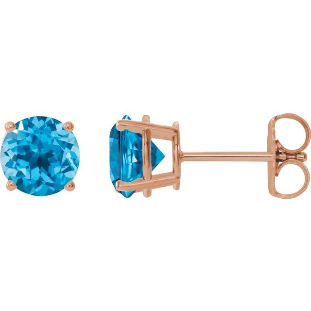 14K Rose Gold 7 mm Natural Swiss Blue Topaz Stud Earrings - Style 1874