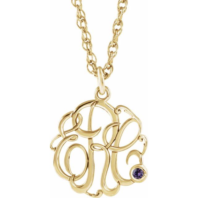 10K Imitation Alexandrite Script Monogram Necklace with 2 or 3 Initials in Various Sizes