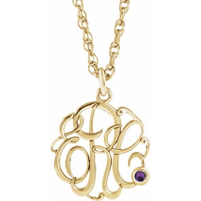 10K Imitation Amethyst Script Monogram Necklace with 2 or 3 Initials in Multiple Sizes