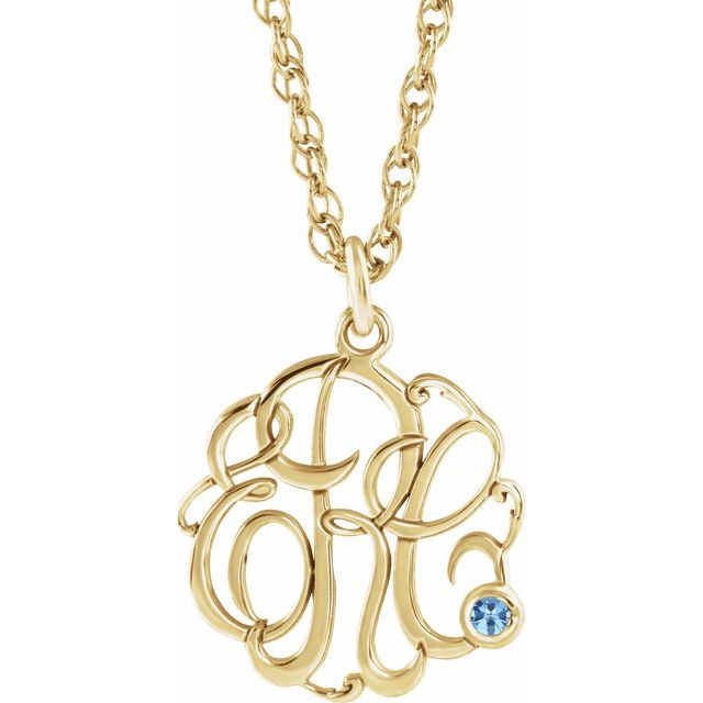 10K Imitation Aquamarine Script Monogram Necklace with 2 or 3 Initials in Various Sizes