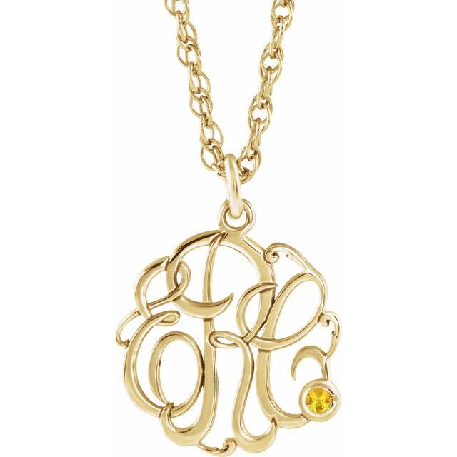 10K Imitation Citrine Script Monogram Necklace with 2 or 3 Initials in Various Sizes