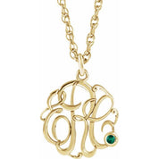10K Imitation Emerald Script Monogram Necklace with 2 or 3 Initials in Various Sizes