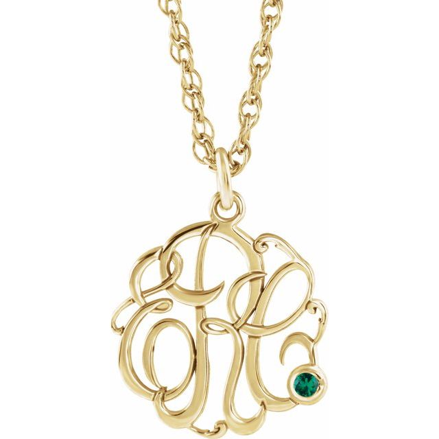 10K Imitation Emerald Script Monogram Necklace with 2 or 3 Initials in Various Sizes