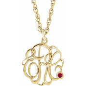 10K Imitation Ruby Script Monogram Necklace with 2 or 3 Initials in Various Sizes