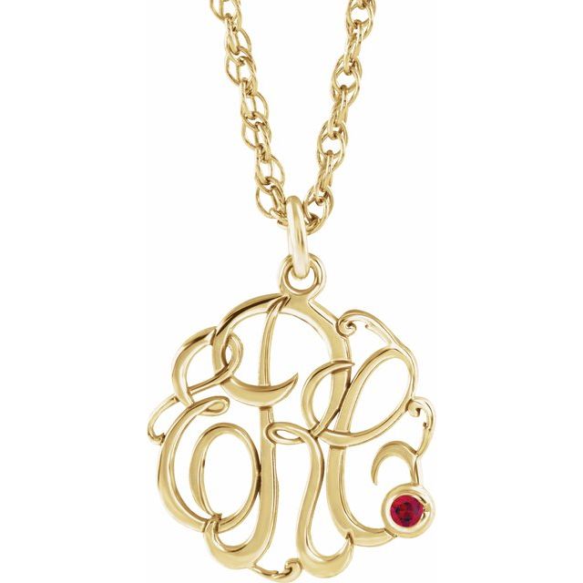 10K Imitation Ruby Script Monogram Necklace with 2 or 3 Initials in Various Sizes