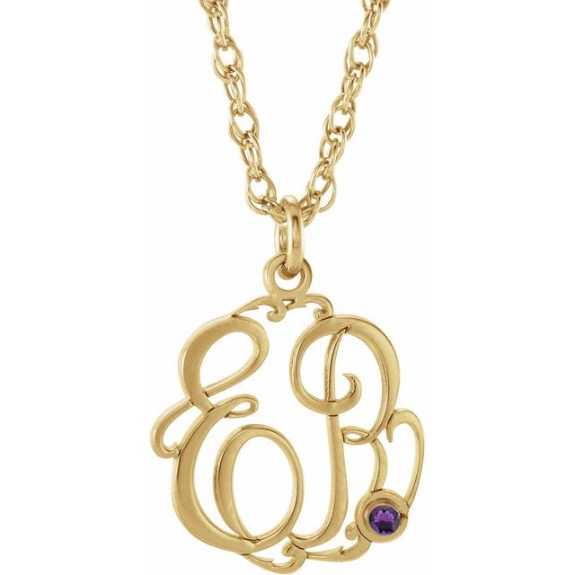 10K Imitation Amethyst Script Monogram Necklace with 2 or 3 Initials in Multiple Sizes