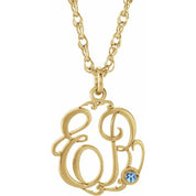 10K Imitation Aquamarine Script Monogram Necklace with 2 or 3 Initials in Various Sizes