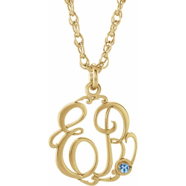10K Imitation Aquamarine Script Monogram Necklace with 2 or 3 Initials in Various Sizes