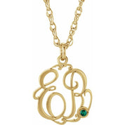 10K Imitation Emerald Script Monogram Necklace with 2 or 3 Initials in Various Sizes