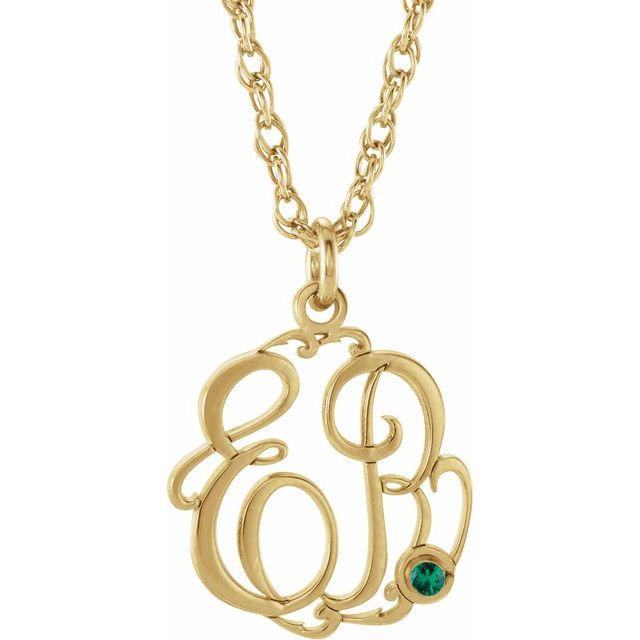 10K Imitation Emerald Script Monogram Necklace with 2 or 3 Initials in Various Sizes