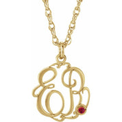 10K Imitation Ruby Script Monogram Necklace with 2 or 3 Initials in Various Sizes