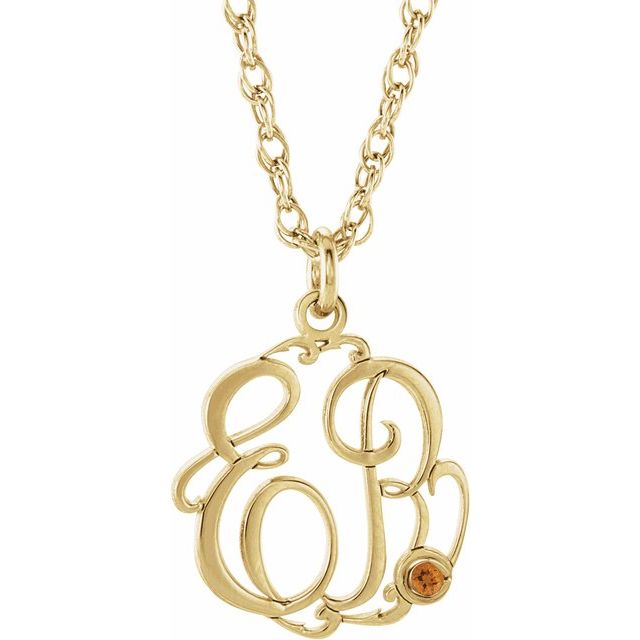 10K Imitation Citrine Script Monogram Necklace with 2 or 3 Initials in Various Sizes