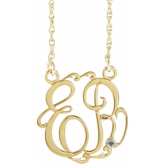 10K Imitation Aquamarine Script Monogram Necklace with 2 or 3 Initials in Various Sizes