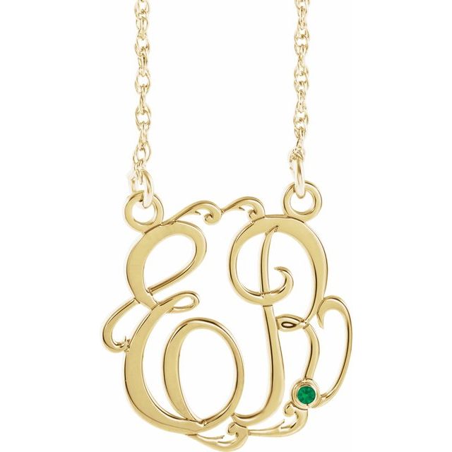 10K Imitation Emerald Script Monogram Necklace with 2 or 3 Initials in Various Sizes