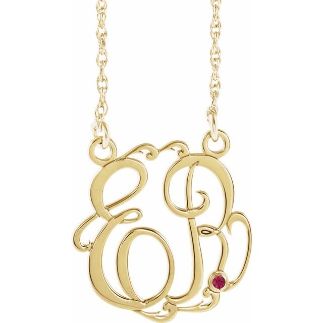 10K Imitation Ruby Script Monogram Necklace with 2 or 3 Initials in Various Sizes