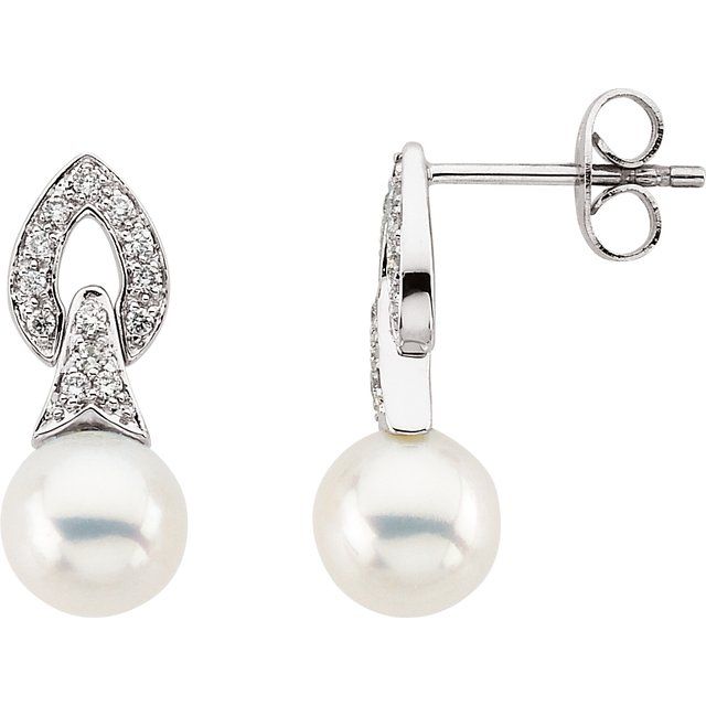 14K White Cultured Freshwater Pearl & Diamond Earrings - Part No. 64489