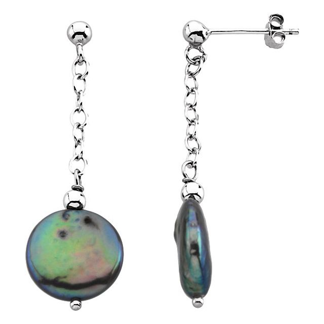 Sterling Silver Cultured Freshwater Black Coin Pearl Earrings - Elegant Jewelry by Sterling
