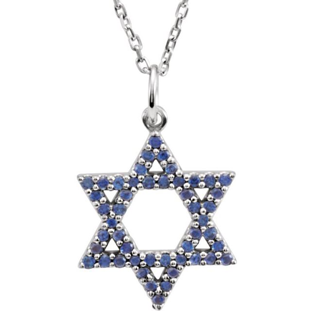 14K White Natural Blue Sapphire Star of David Necklace - R45253:104:P - Motek Jewelry