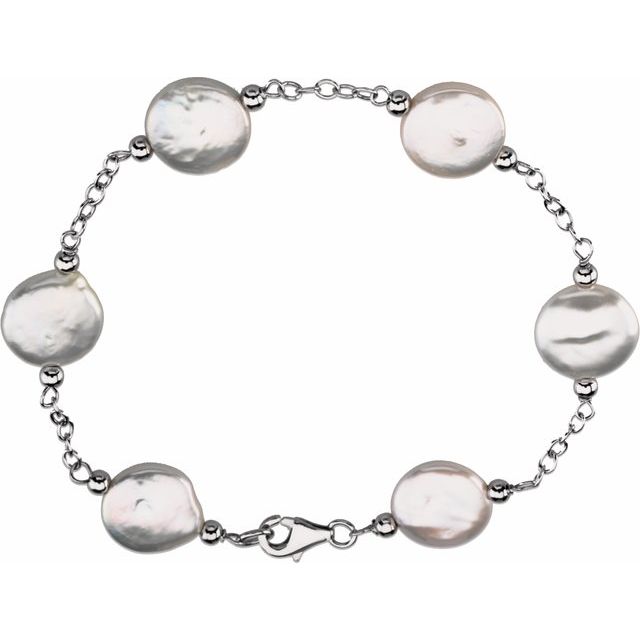 Sterling Silver 12-13 mm Cultured White Freshwater Pearl Coin 7" Bracelet