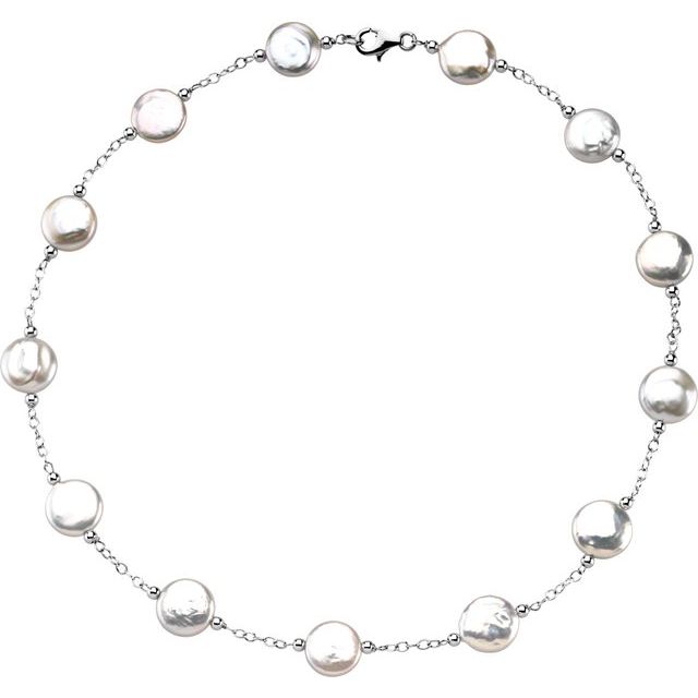 Sterling Silver 12-13 mm Cultured White Freshwater Pearl Coin Necklace - 18"
