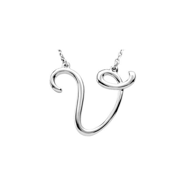 Sterling Silver Script Initial V 16" Necklace