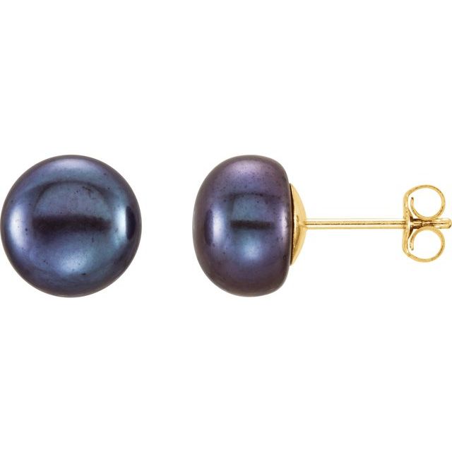 14K Yellow Gold Cultured Black Freshwater Pearl Earrings - 8-9 mm