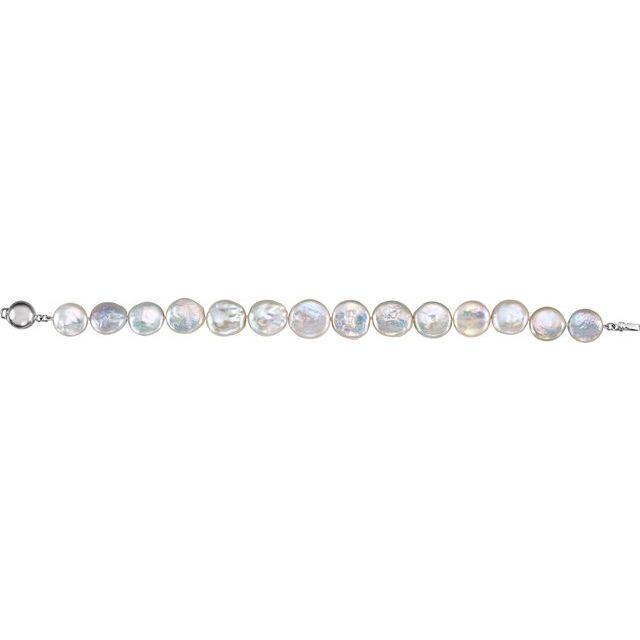 Sterling Silver 13-14 mm Cultured White Freshwater Pearl Coin  7 3/4" Bracelet