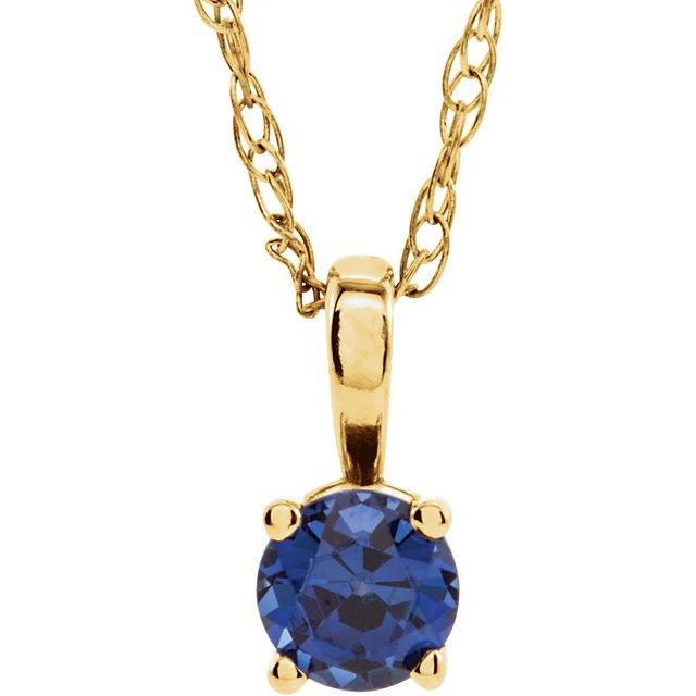 14K Yellow Lab-Grown Blue Sapphire Youth Solitaire Necklace - 3 mm - 14" - Motek Jewelry