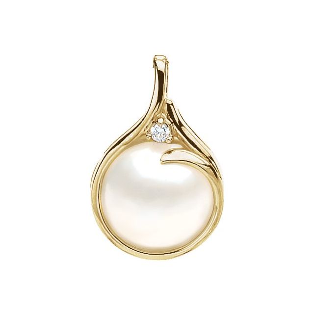 14K Yellow 15 mm Cultured White Mabe Pearl & .06 CTW Natural Diamond Pendant