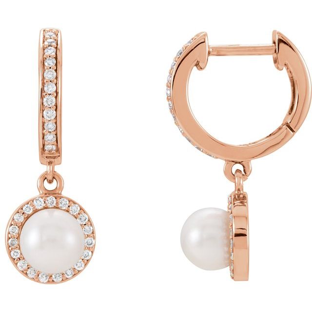 14K Rose Cultured White Freshwater Pearl & Natural Diamond Earrings - Part Number 85900:1005:P