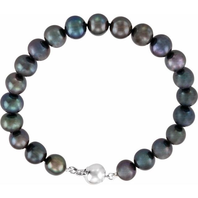 Sterling Silver Cultured Black Freshwater Pearl 7 3/4" Bracelet