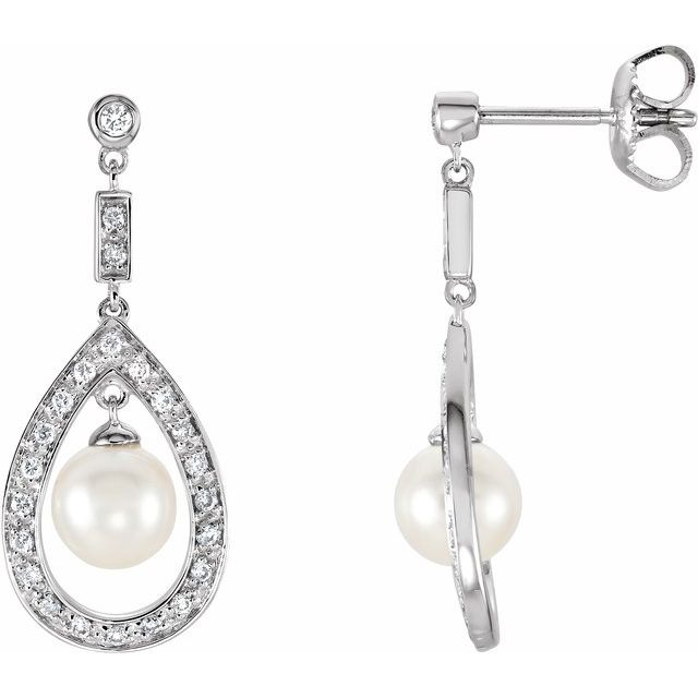 14K White Cultured White Freshwater Pearl & 1/4 CTW Natural Diamond Earrings - Elegant Jewelry by BrandName