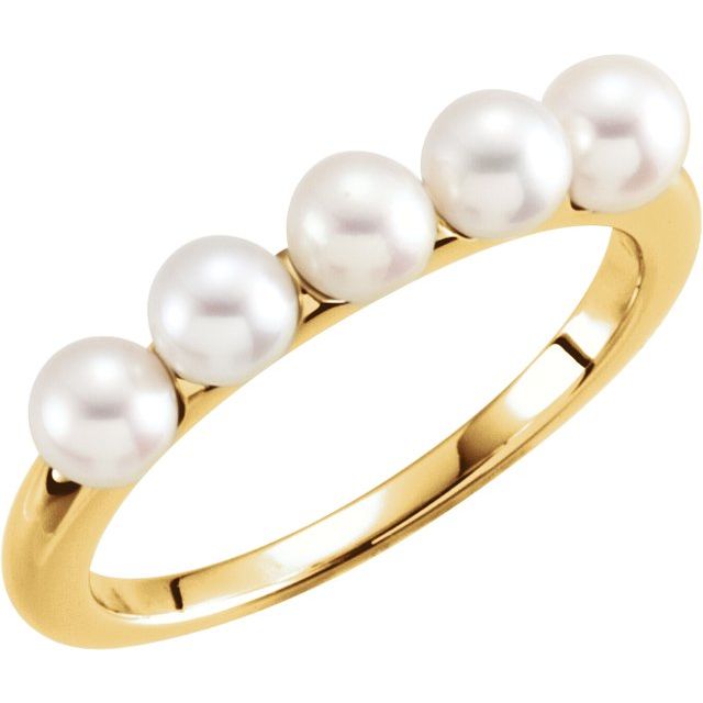 14K Yellow Gold Cultured White Freshwater Pearl Ring - Elegant 3-Stone Design