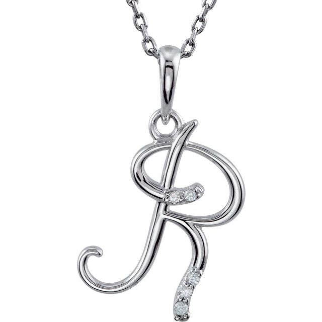 Sterling Silver .025 CTW Natural Diamond Initial R 18" Necklace