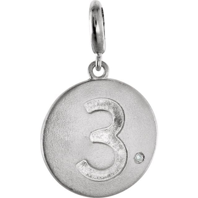Sterling Silver .005 CT Natural Diamond Numeral 3 Charm
