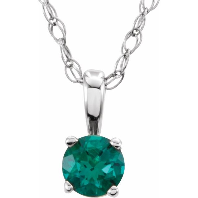 14K White Lab-Grown Emerald Youth Solitaire Necklace - 14" - Motek Jewelry