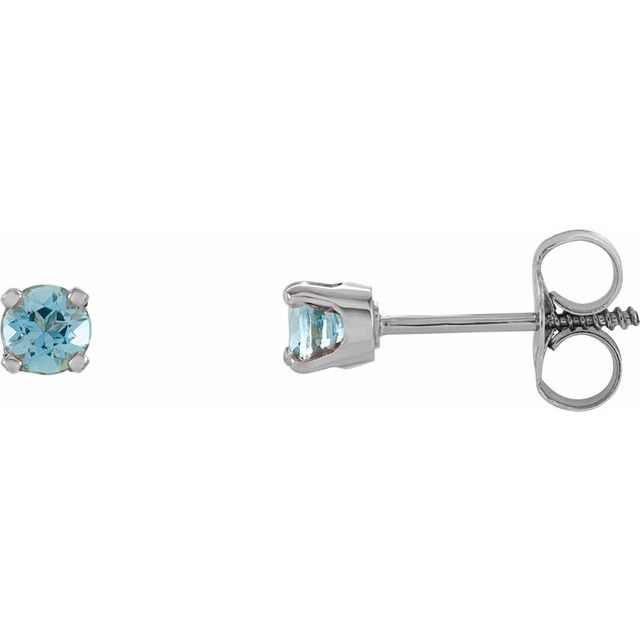 Sterling Silver 3 mm Round Imitation Aquamarine Youth Birthstone Earrings