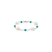 Sterling Silver Cultured White Freshwater Pearl & Natural Turquoise Station 7 1/2" Bracelet