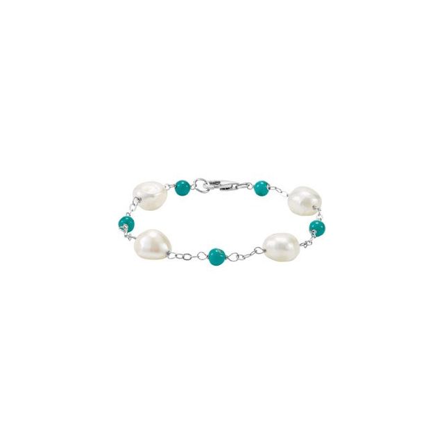Sterling Silver Cultured White Freshwater Pearl & Natural Turquoise Station 7 1/2" Bracelet