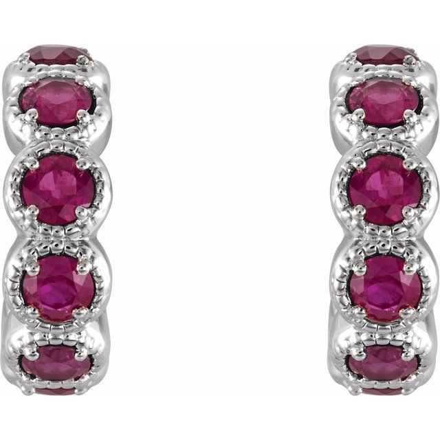 14K White Natural Ruby Hoop Earrings