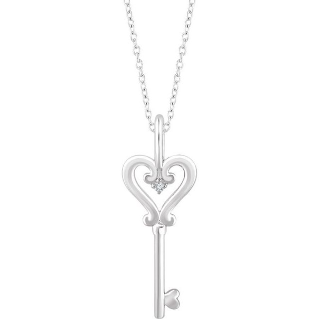 Sterling Silver .006 CT Natural Diamond Key Necklace 16-18"