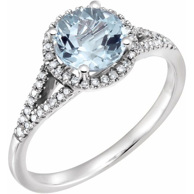 14K White Natural Aquamarine & 1/6 CTW Natural Diamond Ring
