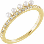 14K Yellow Cultured White Freshwater Pearl & 1/5 CTW Natural Diamond Stackable Ring